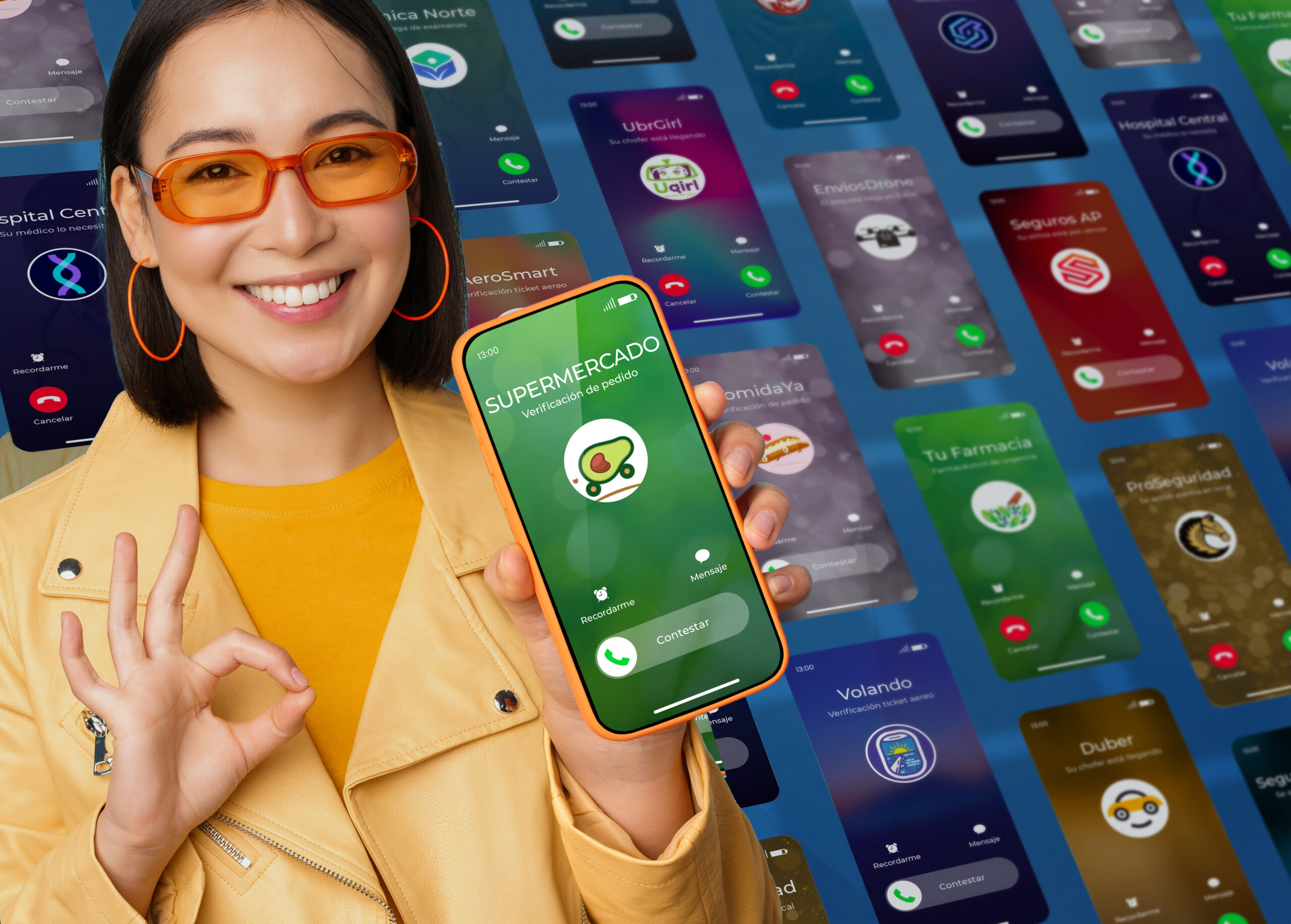 Smiling korean woman showing mobile phone app interface, smartphone application, recommending on cellphone, standing over blue background personalización de llamadas anti spam
